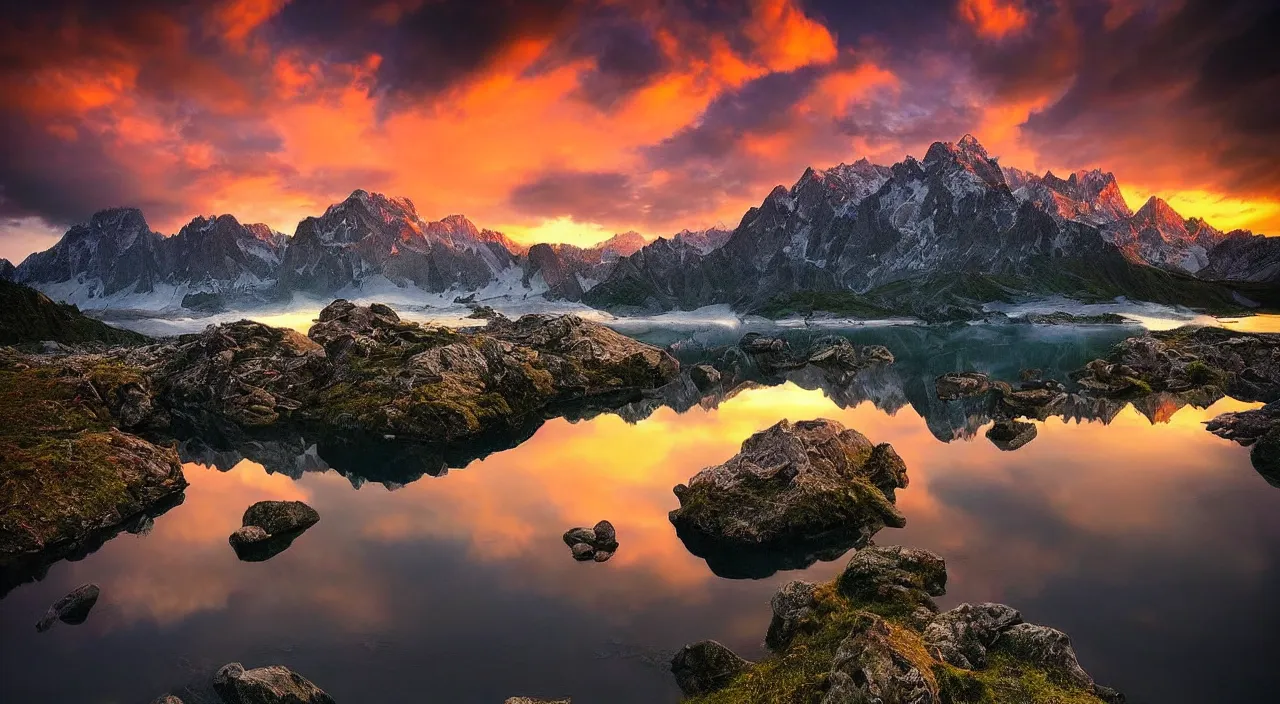 Image similar to amazing landscape photo of mountains with lake in sunset by marc adamus, beautiful dramatic lighting