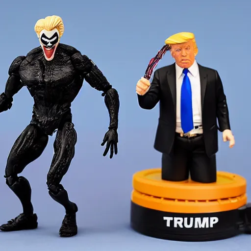 Image similar to action figure of Trump as Venom and shoots web from hair by Hasbro