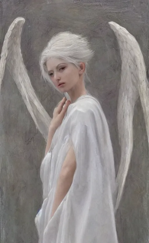 Image similar to say who is this with silver hair so pale and wan! and thin!? female angel, wearing white robes flowing hair, pale fair skin, you g face, silver hair, covered!!, clothed!! lucien levy - dhurmer, fernand keller, oil on canvas, 1 8 9 6, 4 k resolution, aesthetic!, mystery