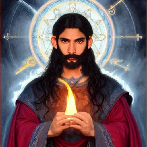 Image similar to perfectly-centered-Portrait of a black haired latino cleric druid, flame wielding, The Perfect Human male Specimen, intricate, elegant, super highly detailed, professional digital painting, artstation, concept art, smooth, sharp focus, no blur, no dof, extreme illustration, Unreal Engine 5, 8K, art by artgerm and greg rutkowski and alphonse mucha loish and WLOP