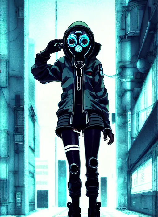 Image similar to cyberpunk anime girl in hoodie, cyberpunk gas mask, 3 / 4 shot, street night, grafity, beautiful face, grafity, arcane, action, tokyo street, detail, good face, pose model, concept art, in style of yoji shinkawa, pan ren wei, col price, atey ghailan, by greg rutkowski, aesthetic