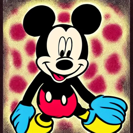 Prompt: mickey mouse drawn in the style of jojo's bizarre adventure