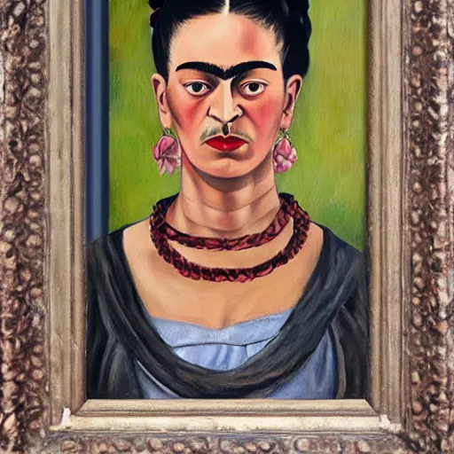 Prompt: oil painting of Frida kahlo standing and holding a knife