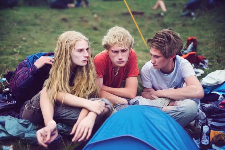 Image similar to candid photo of 3 teenagers camping at Glastonbury, UK, Kodak Portra 200,8K,highly detailed: beautiful perspective closeup environmental portrait photo in style of 2000s retrofuturism, cinema lighting , by beksinski, photography fashion edition, tilt shift, highly detailed, focus on man ;blonde hair;blue eyes, clear eyes, soft lighting