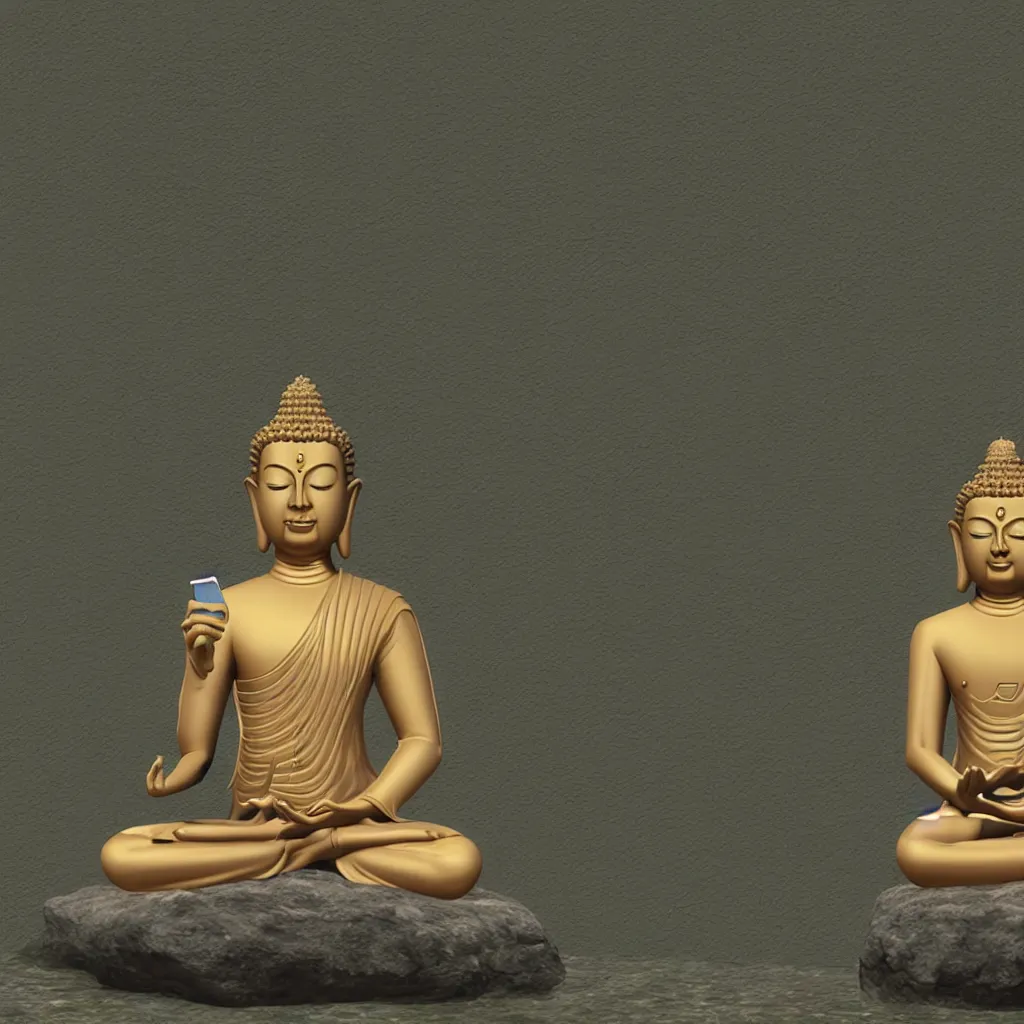 Image similar to 3 d model of a meditating buddha checking his phone in unreal engine