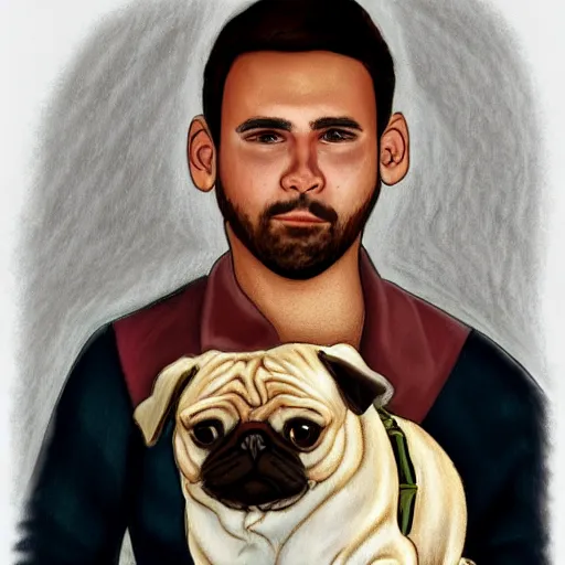 Image similar to self portrait, young white hispanic handsome man with short light brown hair and light skin and a 5 o clock shadow, holding a pug for a picture, pencil art, added detail, high definiton, colored, backfacing, illustrated