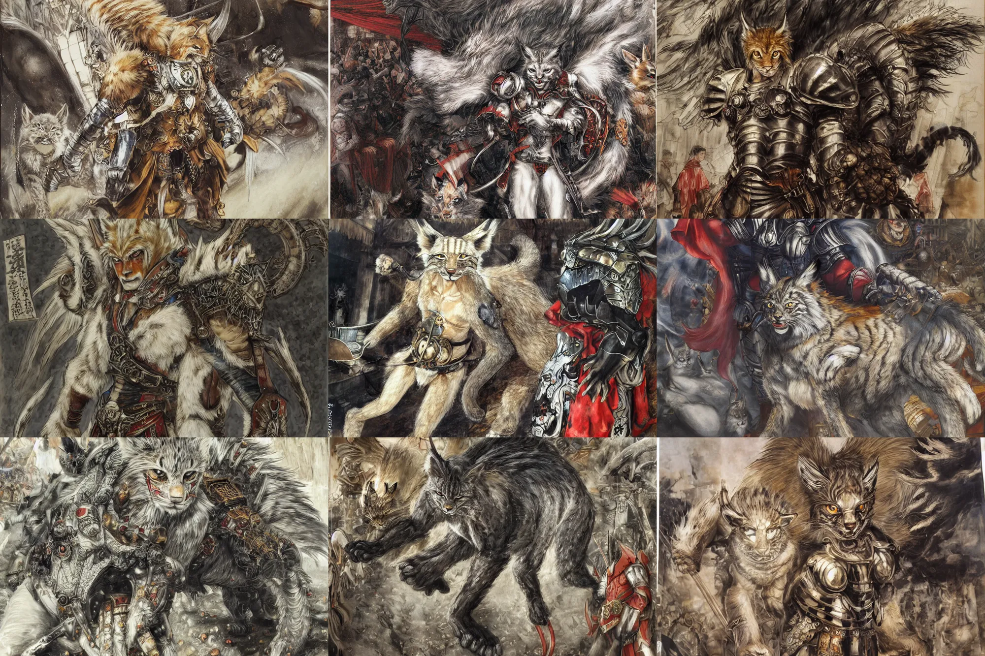 Image similar to 8k Yoshitaka Amano painting of upper body of a young cool looking lynx beast-man with white mane at a medieval market at windy day. Depth of field. He is wearing complex fantasy armors. He has huge paws. Renaissance style lighting.