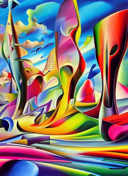 Prompt: an extremely high quality hd surrealism painting of a 3d galactic neon complimentary-colored cartoon surrealism melting optically illusiony high-contrast zaha hadid futuristic cityscape face by kandsky and salvia dali the second, salvador dali's much much much much more talented painter cousin, clear shapes, 8k, realistic shading, ultra realistic, super realistic