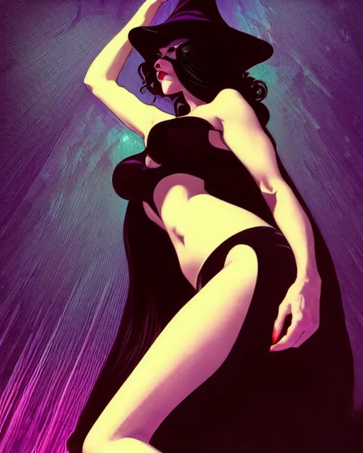 Image similar to low angle closeup beautiful very seductive satanic witch, retro scifi goddess pinup, action glamour pose, windblown dark hair, hyper detailed, digital art, studio lighting, smooth, ambient lighting, sharp focus, frank miller, wlop, anna dittmann, moebius!, alphonse mucha, patrick nagle!!, rim lighting, synthwave