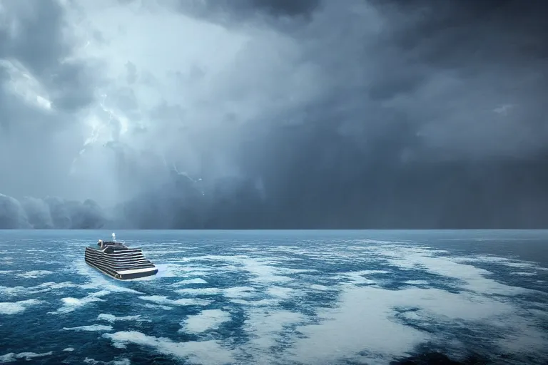 Prompt: photorealistic blue - tinted photo of a sinking cruise ship, storm, thunderstorm, horror, smooth, epic, highly detailed, cinematic, unreal engine rendering