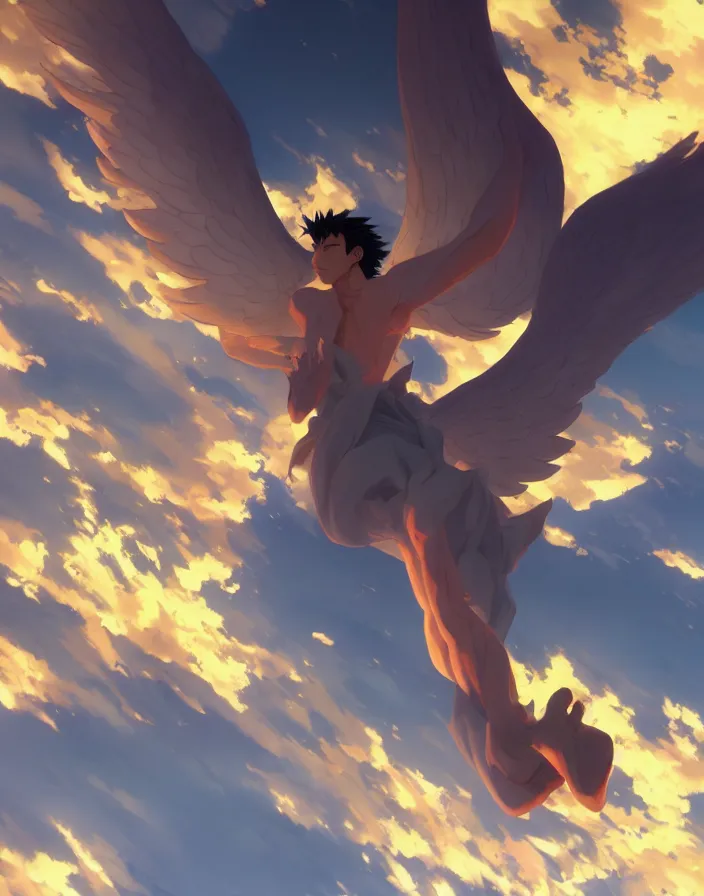 Image similar to lucifer cast out of heaven by yusuke murata and makoto shinkai, clouds, fire, angels, 8k, cel shaded, unreal engine, featured on artstation, pixiv