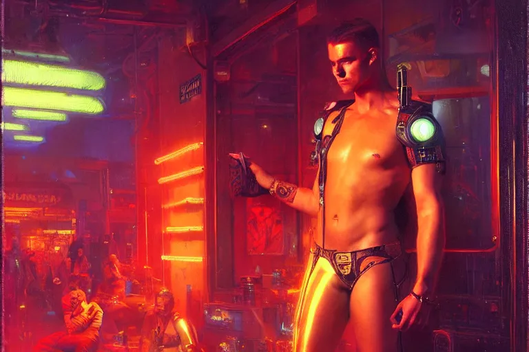 Image similar to cyberpunk style, attractive male, neon lights, painting by gaston bussiere, craig mullins, j. c. leyendecker, tom of finland