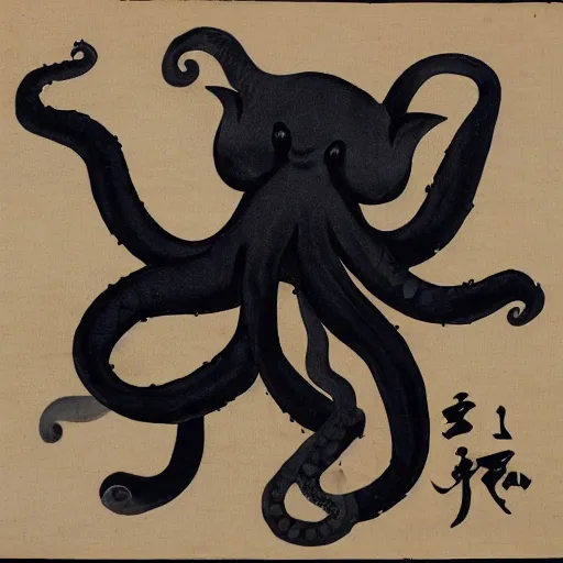 Image similar to a pig - octopus, calligraphy, ink on japanese rice paper