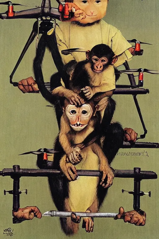 Image similar to Monkey using a drone painted by Norman Rockwell