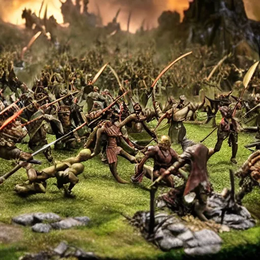 Image similar to photo taken of an epic battlefield diorama designed by weta workshops, an army of high elves battling a horde of orcs, with highly detailed 3 d printed characters, wide shot, photorealistic, sharp focus, f 0. 4, golden ratio, golden hour