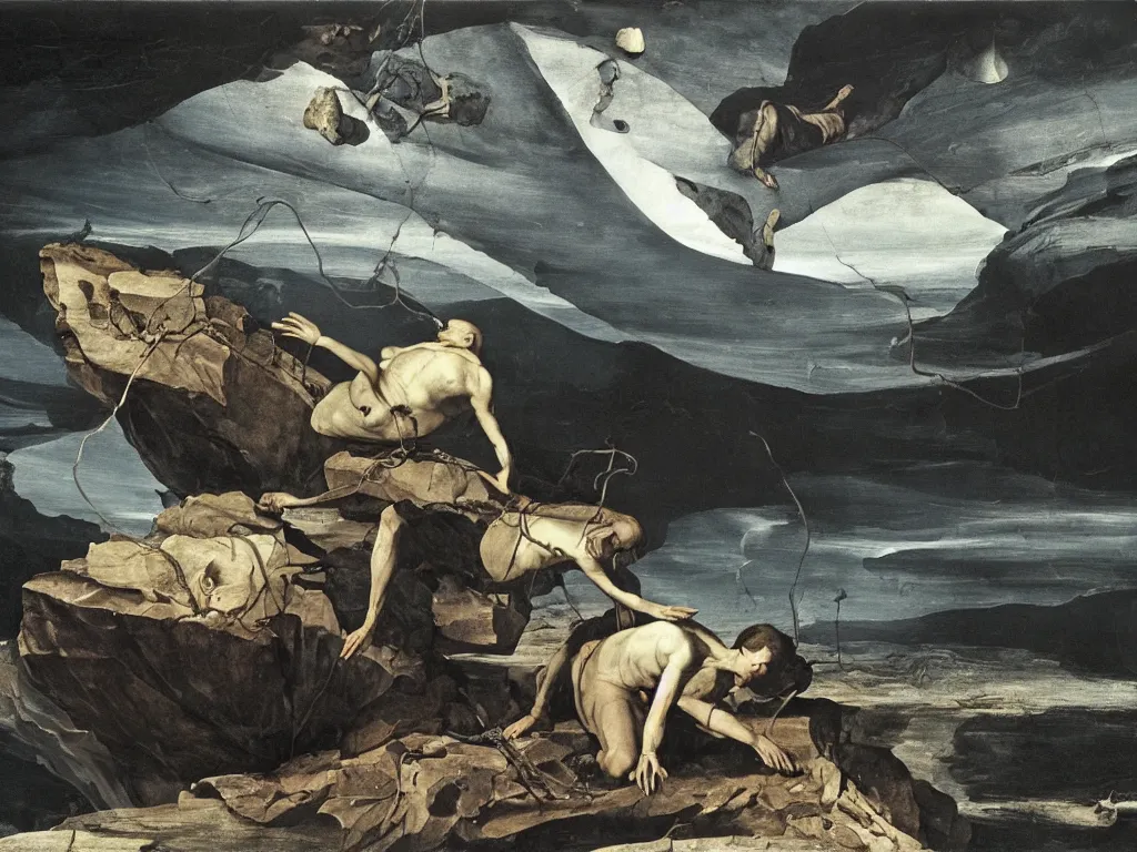 Image similar to Tormented man tied to a boulder with the strange reptile, fungi, mollusks creatures of Mars. Surreal, melancholic, vortex river, fumesm iceberg. Painting by Caravaggio, Caspar David Friedrich, Walton Ford