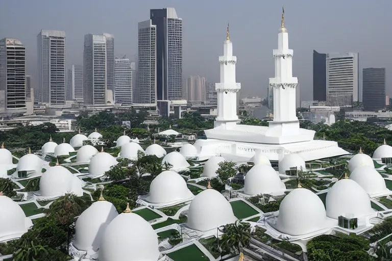 Prompt: exterior view of istiqlal mosque jakarta, promotional architectural photo, but in setting of an all-white room of cryogenic sleeping pods with glass covers, Alien movie, grainy, bluish and cream tones