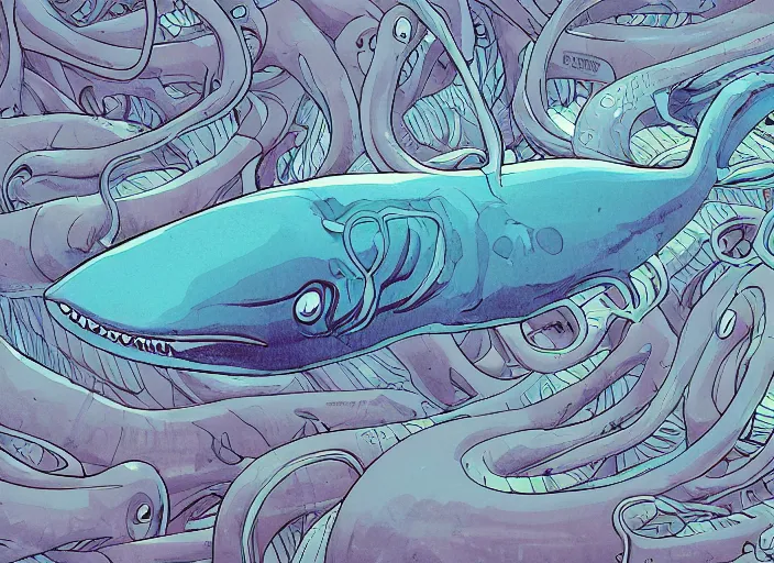 Image similar to a study of cell shaded cartoon of a giant squid underwater, road, illustration, wide shot, subtle colors, post grunge, concept art by josan gonzales and wlop, by james jean, Victo ngai, David Rubín, Mike Mignola, Laurie Greasley, highly detailed, sharp focus, alien, Trending on Artstation, HQ, deviantart, art by artgem