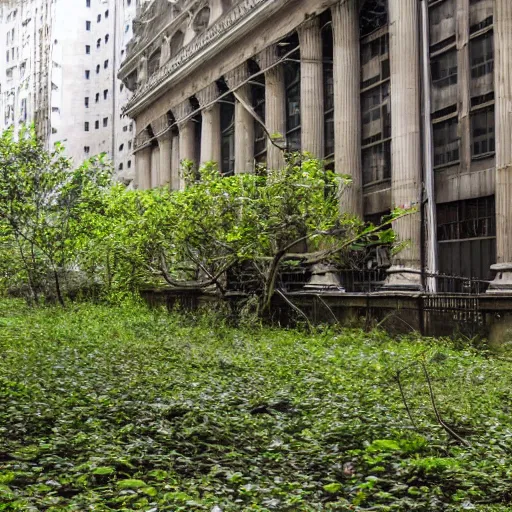 Prompt: abandoned & overgrown stock exchange!