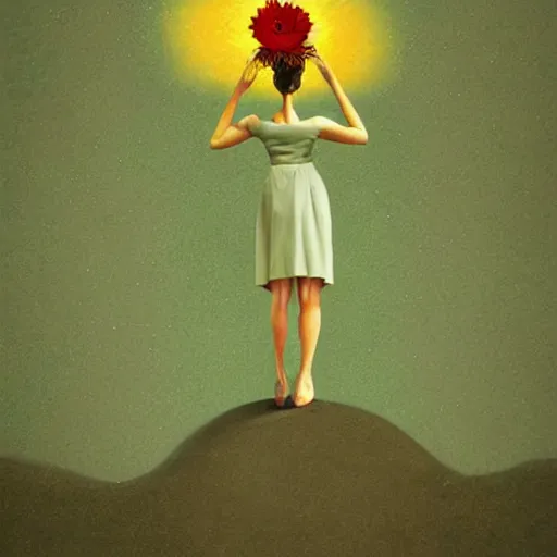 Image similar to huge flower as head, woman standing in a field, surreal, flat light, painting, digital painting, artstation, georgia o'keeffe