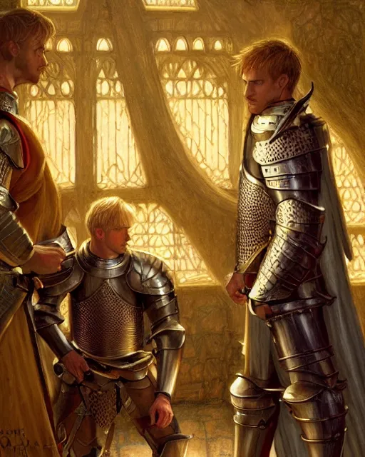 Image similar to attractive arthur pendragon confesses his love to his attractive male knight, they are close to each other, in a quiet moment, informal cloths, highly detailed, very intricate, cinematic lighting, by donato giancola and rossdraws and magali villenueve, featured on artstation