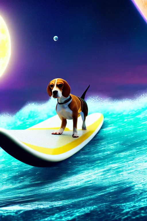 Image similar to beagle dog surfing a surfboard on a sparkly crashing wave of stardust in space, background is a moon in nebula, octane render, unreal engine, wide view, 8 k, highdetaild