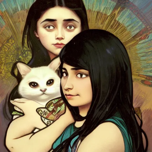 Image similar to cute emo peruvian woman, with long dark hair, thick eyebrows!!! dark eyes and dark circles!, wide nose!!!, big eyes, oval face shape, big cheeks!, she is holding a cat in her arms, by juan villafuerte, greg rutkowski and alphonse mucha, pexels contest winner, high quality photo, hd rtx