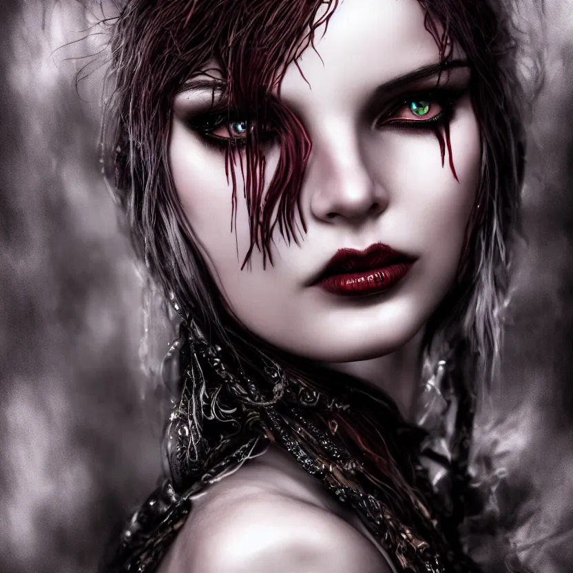 Prompt: single faced portrait of enchanting femenine witch, hyper attractive, seductive, very complex, hyper - maximalist, overdetailed, legendary cinematic, darkfantasy, archetype with timeless beauty breathtaking eyes, highly intricate, realism, perspicious detail, silent hill aesthetic, photorealistic, lifelike, dslr 8 k, unbeatable coherency, unreal engine