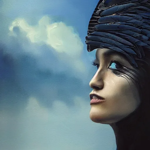 Image similar to morning, raven bird perching on the shoulder of a woman in a black dress. sun, cinematic, clouds, vogue cover style, copper and deep blue mood, realistic painting, intricate oil painting, high detail, figurative art, multiple exposure, poster art, 3 d, by simon bisley, ismail inceoglu, wadim kashin, filip hodas.