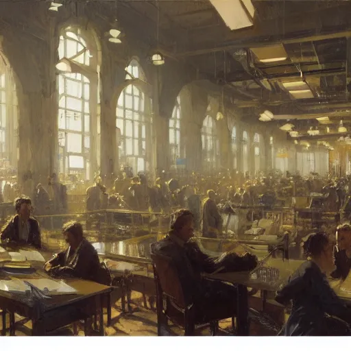 Image similar to detailed cinematic wide shot of sucession corporate office spring light, painting by gaston bussiere, craig mullins, j. c. leyendecker