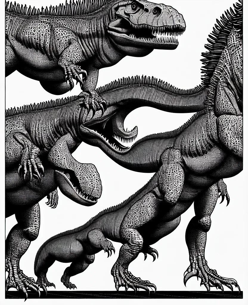 Prompt: tyrannosaurus rex walking around, symmetrical, accurate, simple clean black lines, black and white, white background and fill, coloring book, comic book, graphic art, line art, vector art, artstation