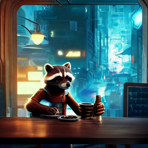 Image similar to rocket raccoon sitting alone at a table in a cafe in a cyberpunk city, close up shot, sharp focus, shallow depth of field, highly detailed face, 8k, unreal engine 5, cinematic lighting, vivid elegant fantasy concept art, character art, stern blue neon atmosphere, artstation, deep complimentary colors, volumetric lighting, photorealistic, hyperdetailed 3D matte painting, hyperrealism, hyperrealistic masterpiece