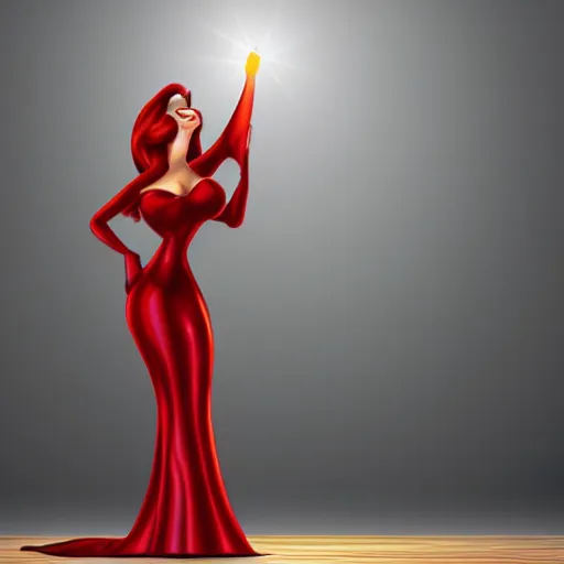 Image similar to jessica rabbit dancing in the spotlight. photorealistic. high details