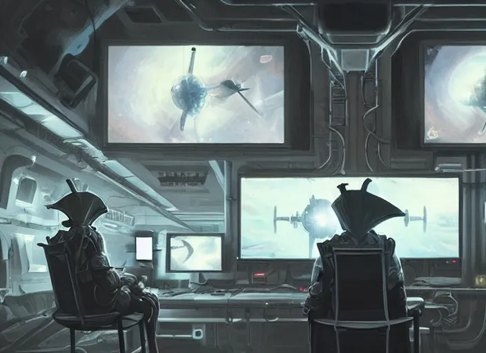 Prompt: a man sitting on a chair with things attached to his head, screens and monitors in front of him playing videos, ship interior, narrow hallway, scifi, dramatic lighting, dark, spotlight, surreal, by magali villeneuve