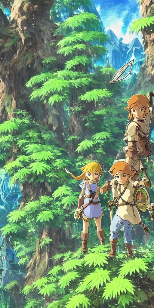 Image similar to epic cannabis tree forest, link and zelda high af smoking blunt, vivid tones, wide angle, by miyazaki, nausicaa, studio ghibli, breath of the wild