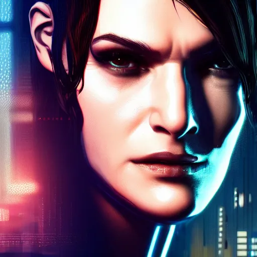 Image similar to rachel weisz portrait, Cyberpunk 2077, cyberpsycho, photorealistic, ultra detailed, neon, octane, bokeh, cyber, cyberpunk city, feature, scars, cyberface, 8k