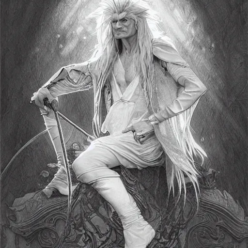 Prompt: amazing lifelike award winning pencil illustration of jareth the goblin king trending on art station artgerm Greg rutkowski alphonse mucha cinematic