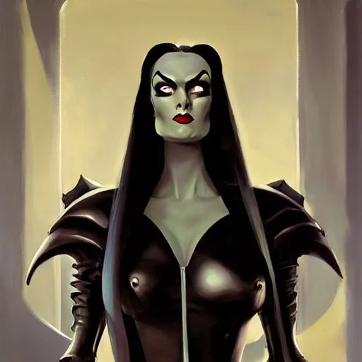 Image similar to greg manchess portrait painting of armored morticia from addams family as overwatch character, medium shot, asymmetrical, profile picture, organic painting, sunny day, matte painting, bold shapes, hard edges, street art, trending on artstation, by huang guangjian and gil elvgren and greg rutkowski