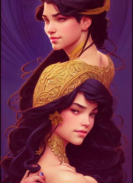 Image similar to portrait of disney esmeralda, intricate, elegant, highly detailed, my rendition, digital painting, artstation, concept art, smooth, sharp focus, illustration, art by artgerm and greg rutkowski and alphonse mucha and uang guangjian and gil elvgren and sachin teng, symmetry!!