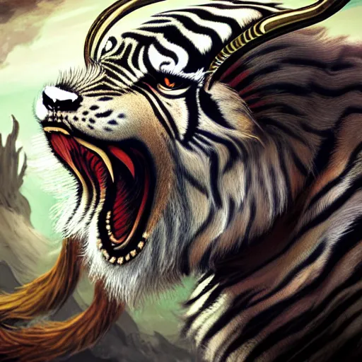 Prompt: bearded tiger/goat, by greg rutkowsky, magic the gathering, intricant, dramatic, fantasy, 4k