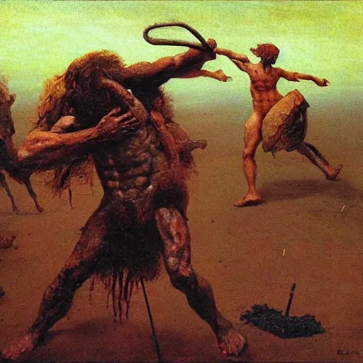 Image similar to theseus battle with the minotaur, oil painting by beksinski