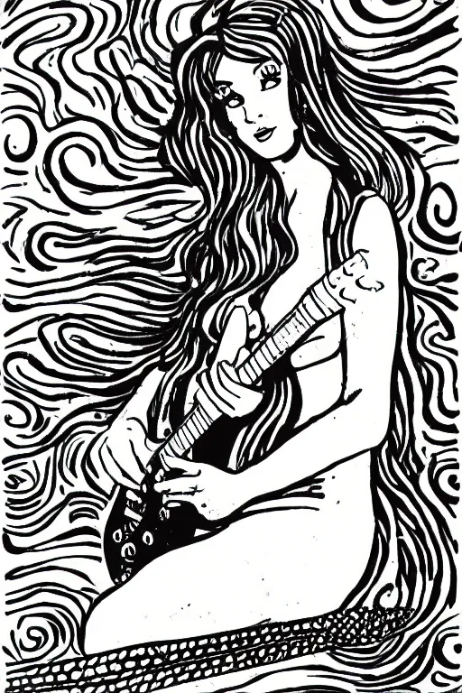 Image similar to illustration of a mermaid playing an stratocaster electric guitar, 1960s cartoon