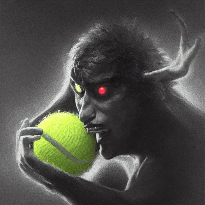 Image similar to cinematic portrait of a tennis ball monster in the abyss of space, chalk, masterpiece, trending on artstation, featured on pixiv, cinematic composition, dramatic pose, beautiful lighting, sharp details, hyper-detailed, HD, HDR, 4K, 8K, art by Basil Gogos