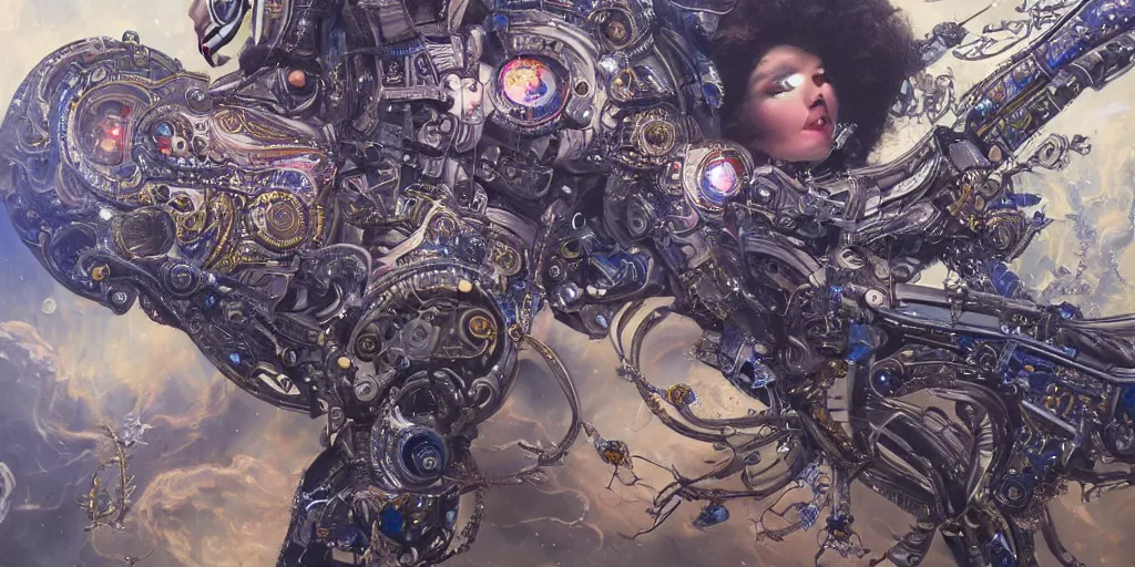 Prompt: a female robotic ai, she is painting cosmic art onto a canvas, insanely detailed and intricate, hypermaximalist, elegant, ornate, hyper realistic, super detailed, Art Deco, cinematic, trending on artstation, magic the gathering artwork, centered