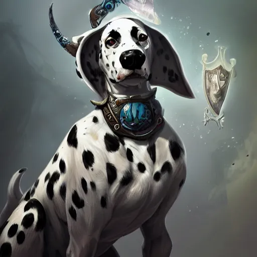 Prompt: anthropomorphic dalmatian dog mage, D&D, fantasy, intricate, elegant, highly detailed, digital painting, artstation, concept art, matte, sharp focus, illustration, hearthstone