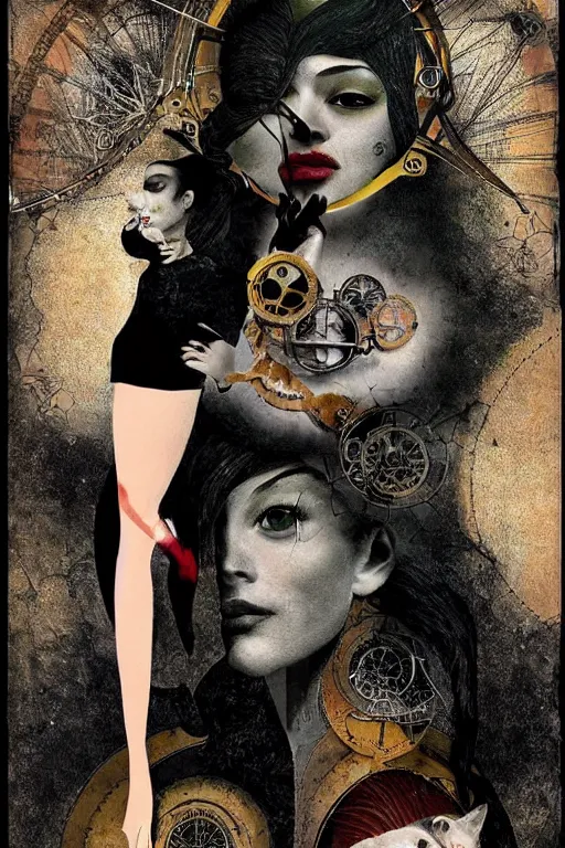 Prompt: Collage art combines a beautiful woman with a symmetrical face with a moon, cat and heart,surreal, beautiful,steampunk style dave mckean , beautiful and creepy , silkscreen, textures, epic composition, golden ratio, high quality printing,