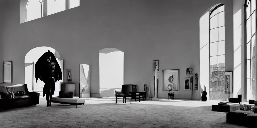 Prompt: Batman standing in a giant Italian modern castle living room, clean minimalist design, that is 1300 feet tall, with very tall giant walls filled with modern art paintings, doors that are cosmic portals, photo by Annie Leibovitz