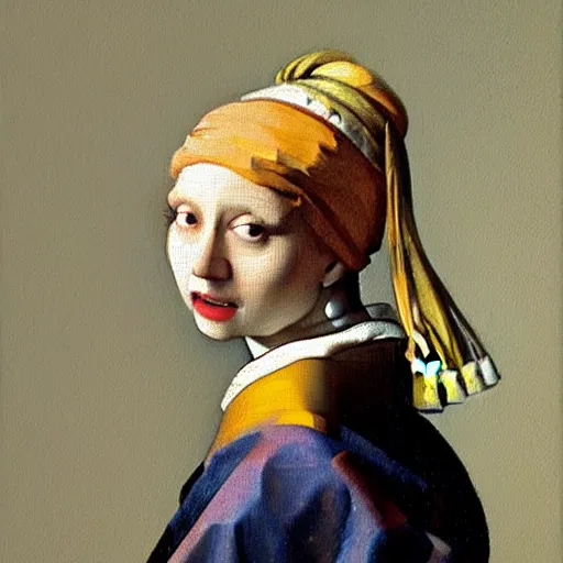 Image similar to a orange cat with a pearl necklace by jan vermeer, oil painting ， highly detailed ， headshot, 8 k