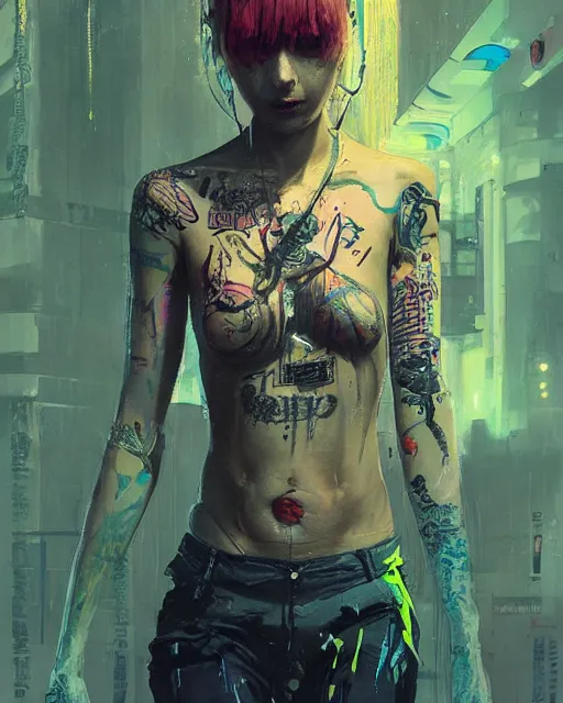 Image similar to detailed portrait Young Gangster Girl cyberpunk futuristic ((neon)) tattoes, styled hair Reflective gauzy fine-spun film jacket, decorated traditional ornaments by Carl Spitzweg ismail inceoglu dragan bibin hans thoma greg rutkowski Alexandros Pyromallis Nekro illustrated Perfect face, fine details, realistic shaded, fine-face, pretty face