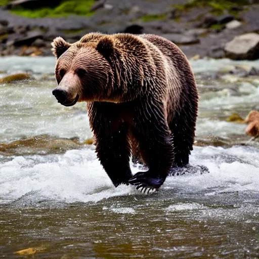 Prompt: a high quality photo closeup of a grizzly bear standing in a river. There is a salmon leaping in the air. the grizzly bear has its jaws open wide, trying to bite down and catch the salmon. Shallow depth of field.